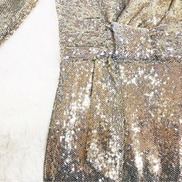 CALVIN KLEIN Gold Sequin Cocktail Dress Knee Length Faux Wrap Party Size 4 6 New - Picture 5 of 10